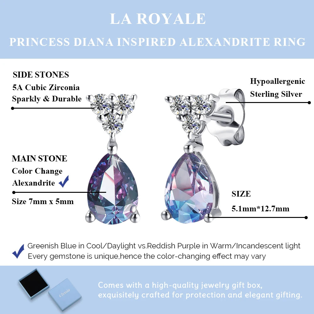 Color Change Alexandrite Gemstone Triangle Tear Drop Stud Earrings for Women Nickel Free Hypoallergenic Jewelry