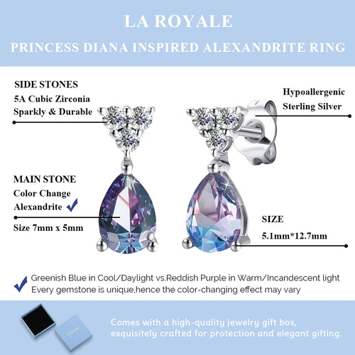 Color Change Alexandrite Gemstone Triangle Tear Drop Stud Earrings for Women Nickel Free Hypoallergenic Jewelry