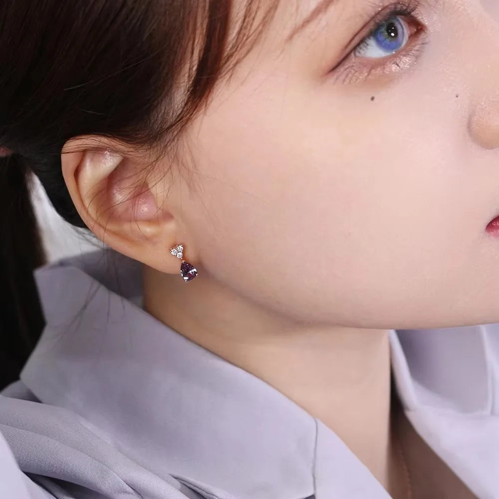 Color Change Alexandrite Gemstone Triangle Tear Drop Stud Earrings for Women Nickel Free Hypoallergenic Jewelry